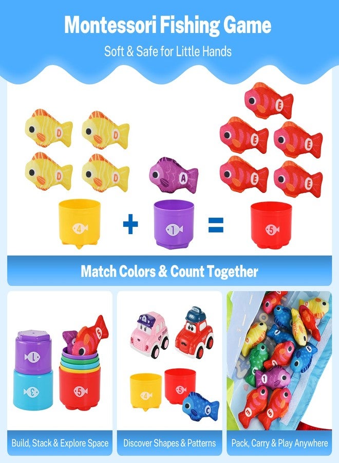 GOLDGE 2-in-1 Montessori Toys for 1 Year Old - Toddler Fishing Game with Stacking Cups & Pull-Back Cars, Soft Sensory Learning Toys for 12-18 Months, Educational Sorting & Counting Baby Toy Birthday Gifts - Image 3